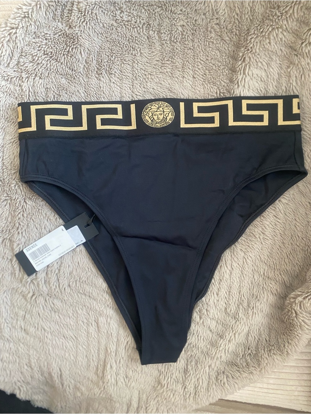 Versace Black Bikini Bottom with Gold Greca Waistband